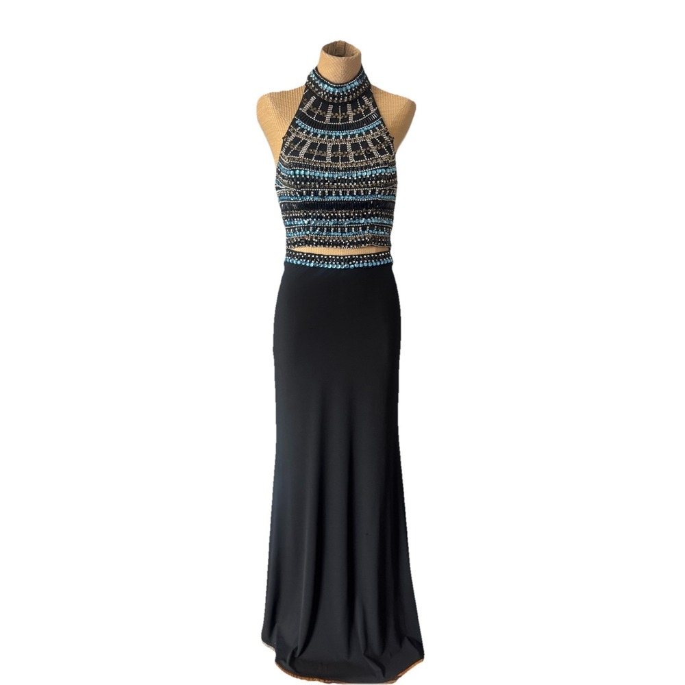 Y2K Dave & Johnny Prom Formal Dress High Neck Beaded 2 Piece Black Blue Size 3/4